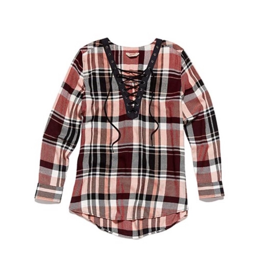 Arizona Jean Co. Pink Black White Plaid Long Sleeve Oversized Lace Up Tunic